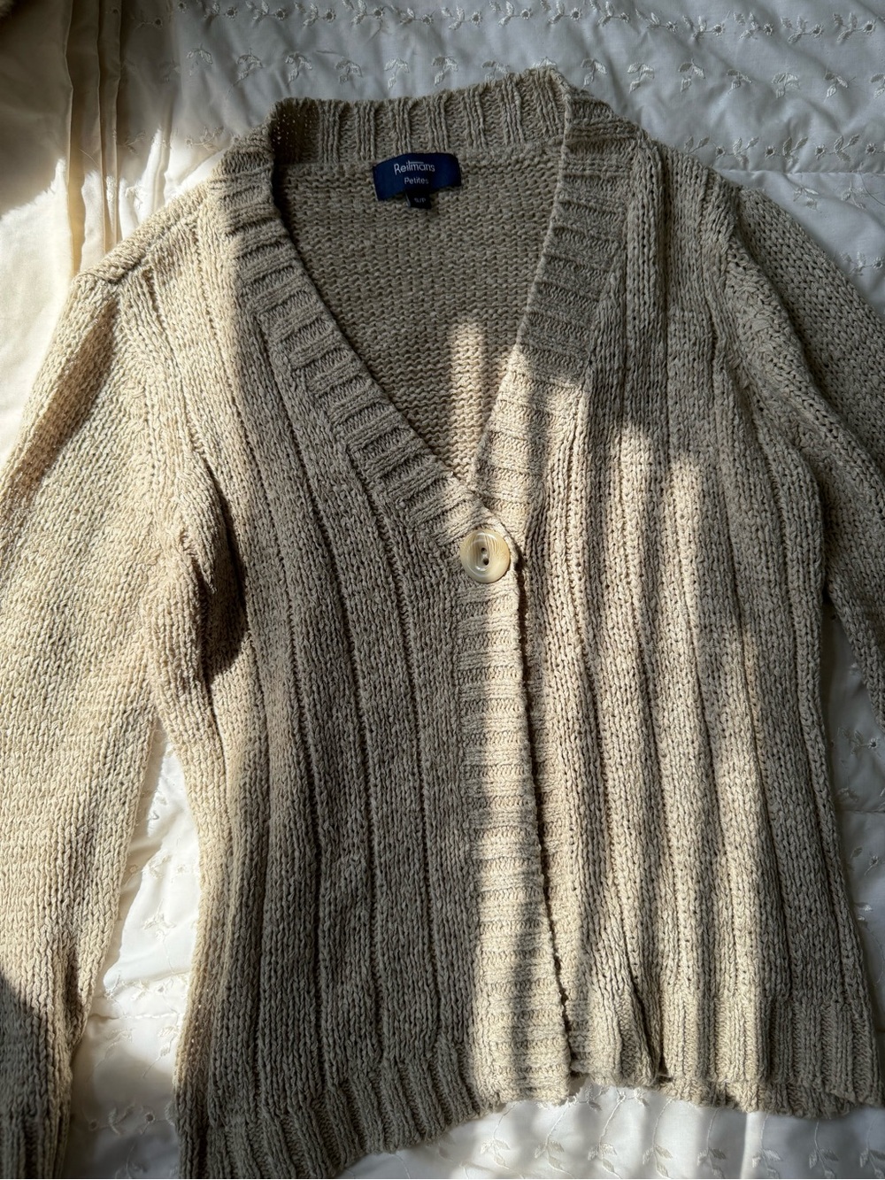 Beige Rib-Knit V-Neck Cardigan Sweater